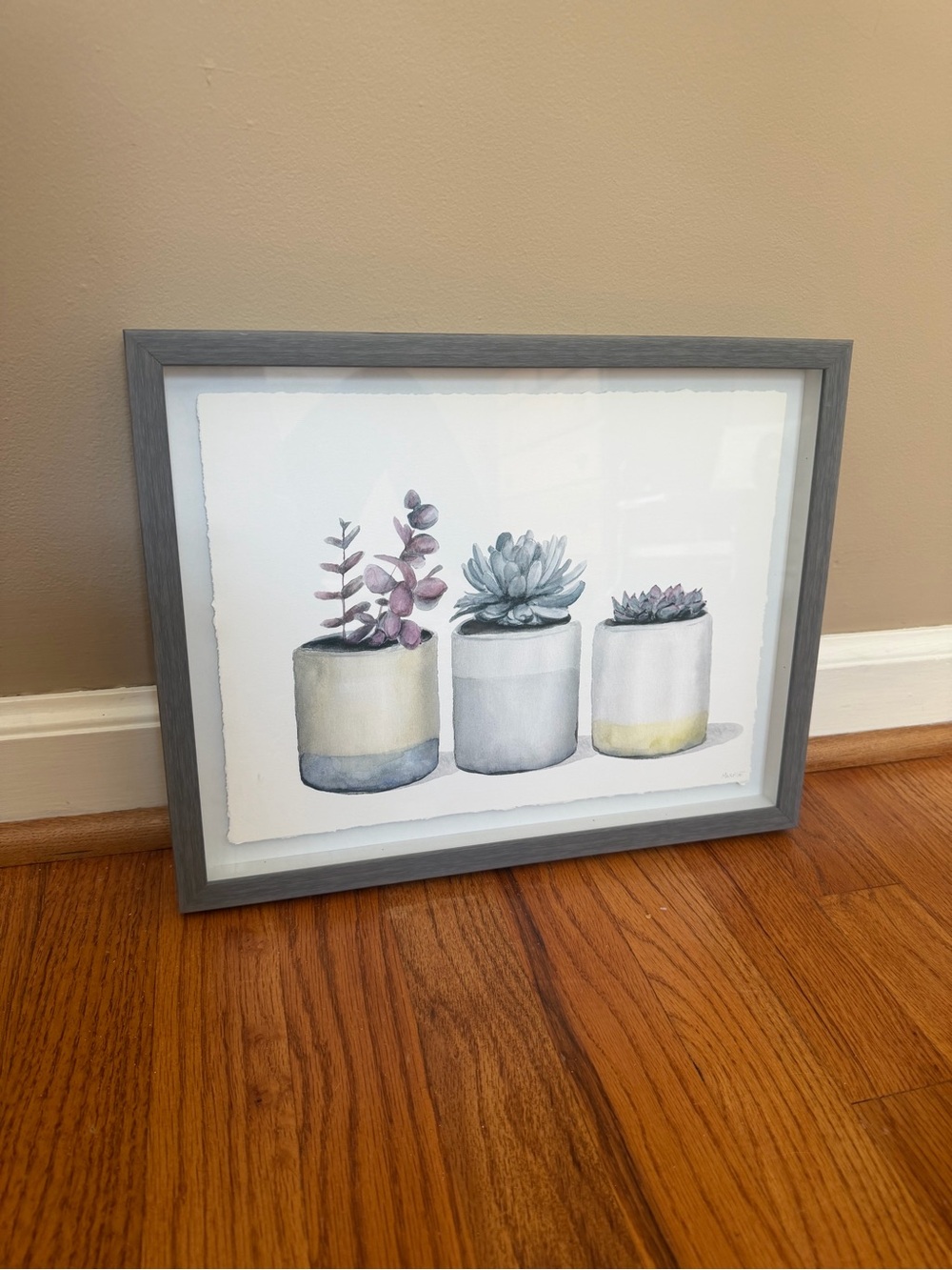 Framed Succulent Watercolor Art Print in Gray Frame